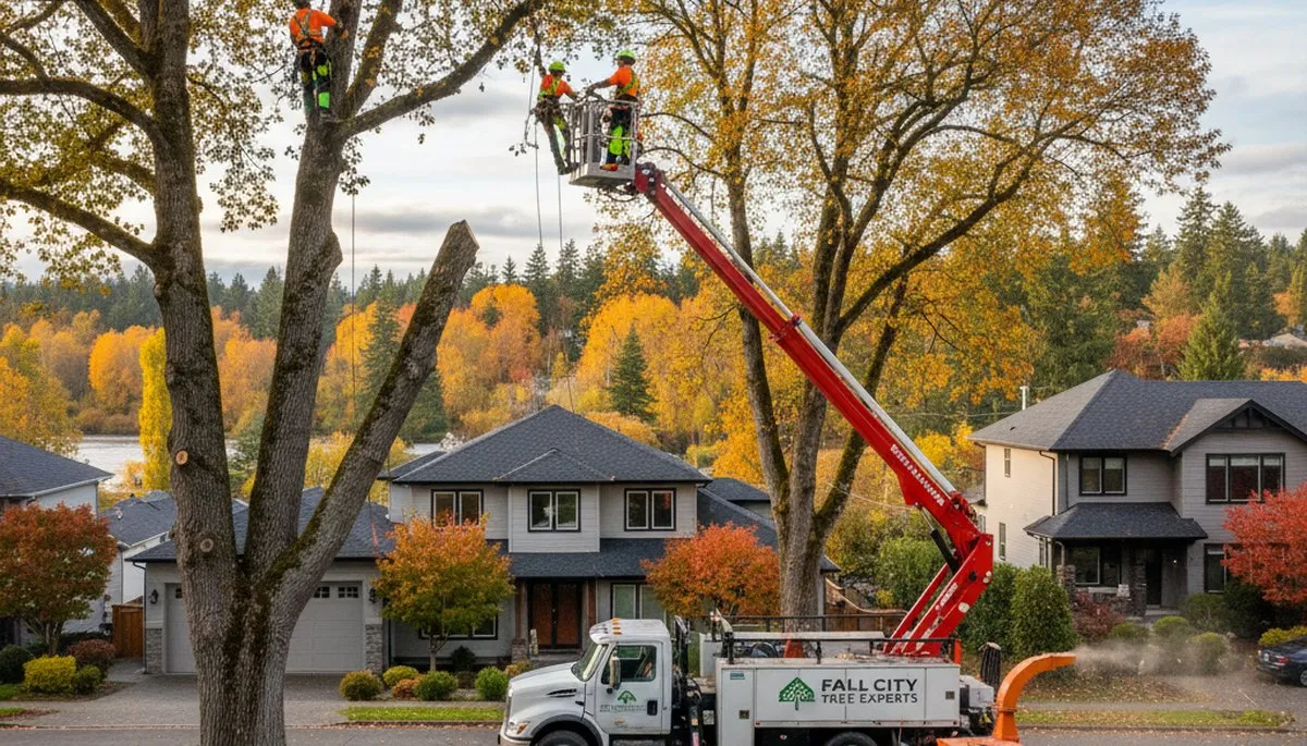 Professional tree removal service in Redmond WA safely cutting large tree near residential property