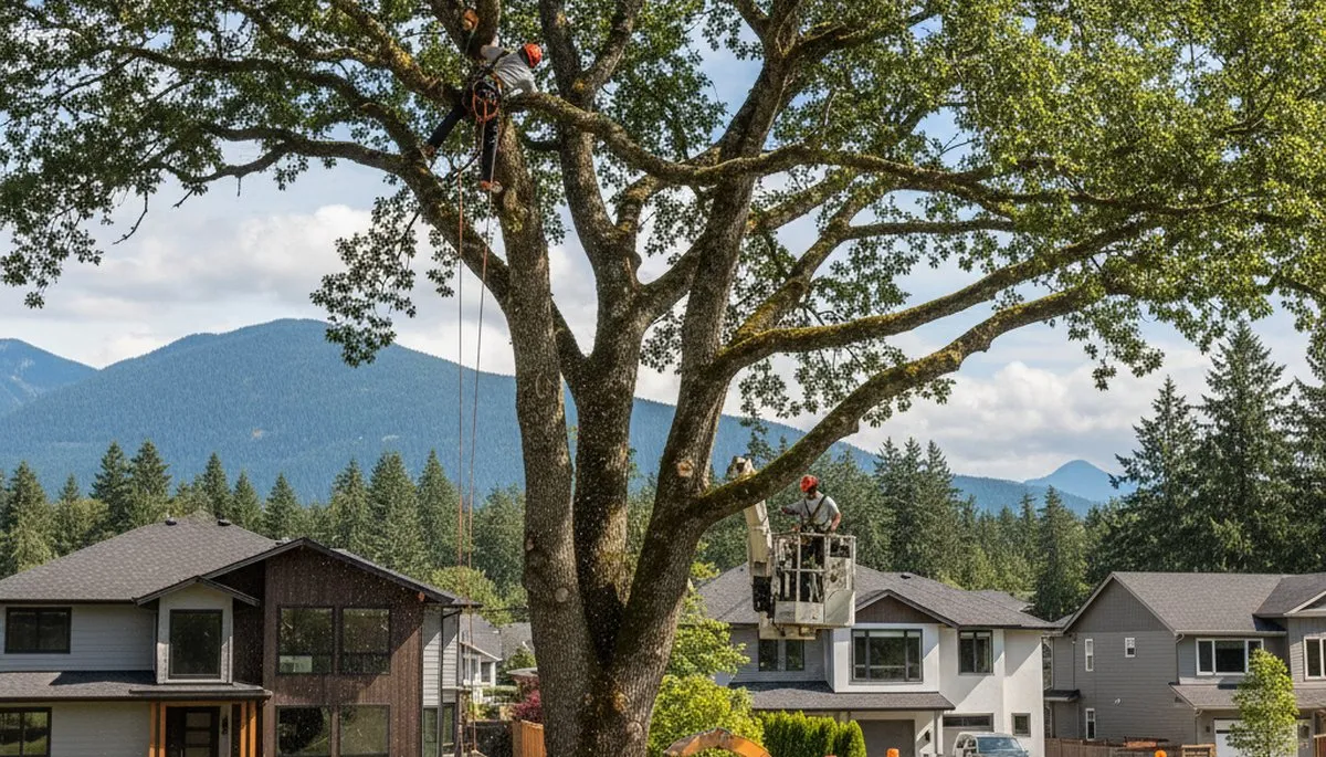 Professional tree removal service team working safely in Redmond WA neighborhood