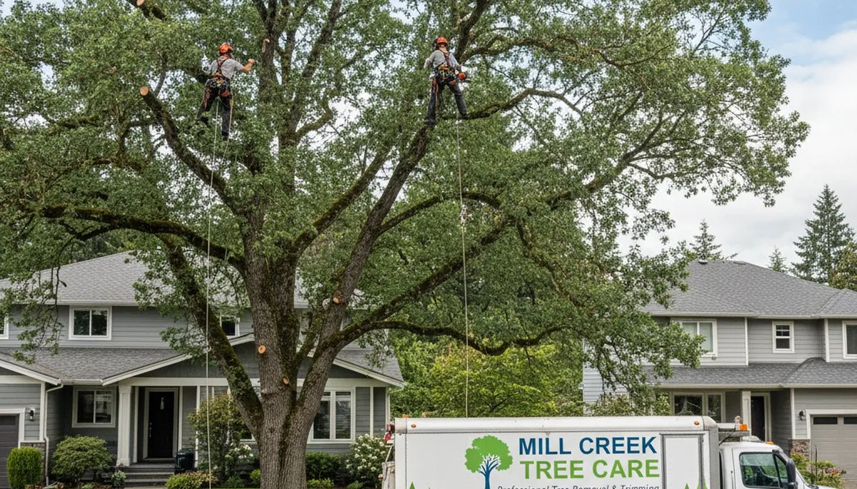 Professional tree removal service in Redmond WA safely cutting and clearing large residential trees